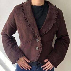 Y2K Chocolate Brown Ruffle Cropped Small Faux Suede Jacket Boho Western Blazer
